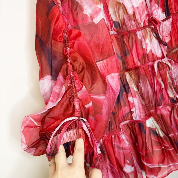 Aje Floral Prismatic Red Pink Long Sleeve Statement Sleeve Mini Dress US 2/AUS 6 - Picture 7 of 10